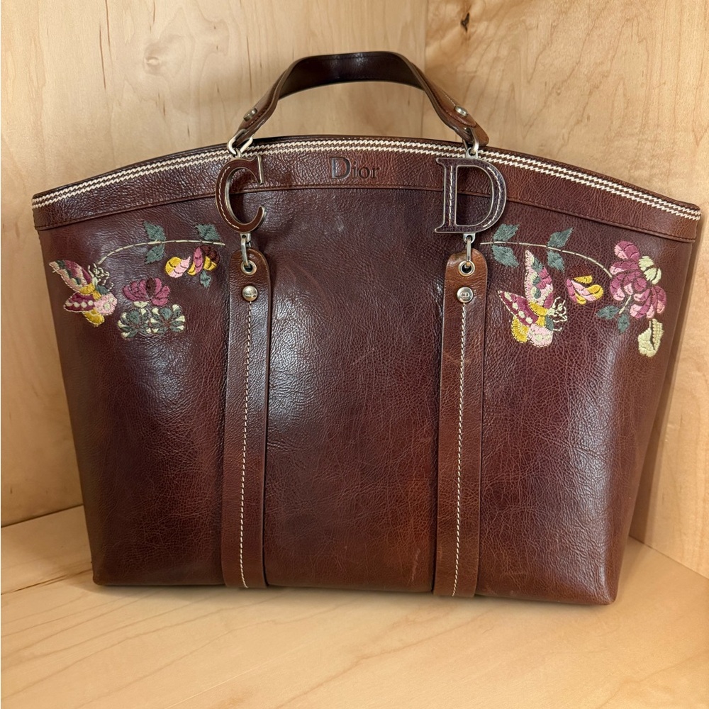 Dior John Galliano Brown Leather Romantic Flowers Embroidered Tote